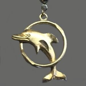 GOLD PLATED DOLPHIN JUMPING THROUGH HOOP EARRINGS PIERCED 1.5" LONG